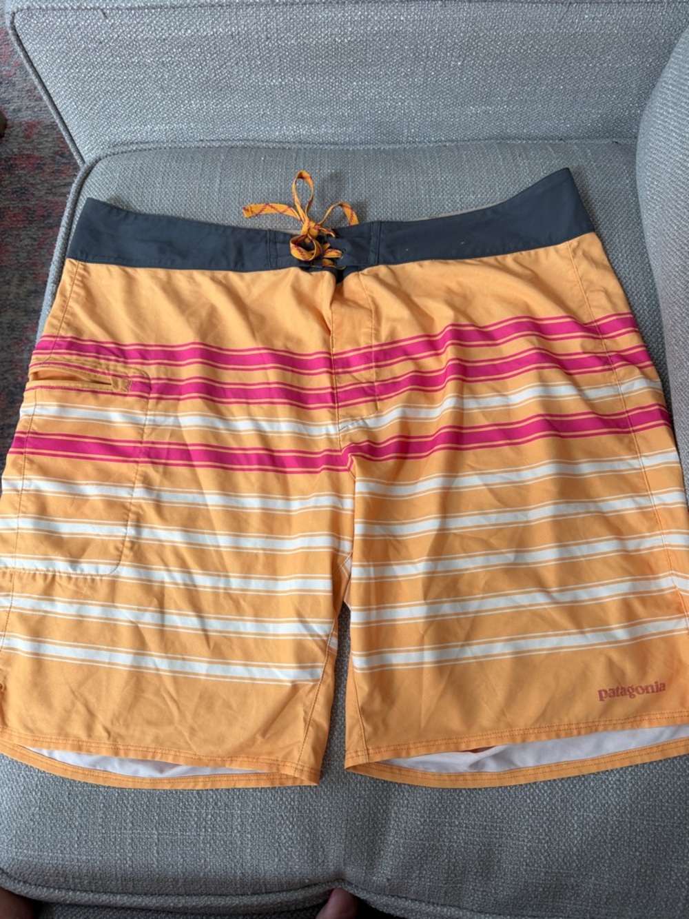 Patagonia orange and Pink Striped Men’s Board Shorts